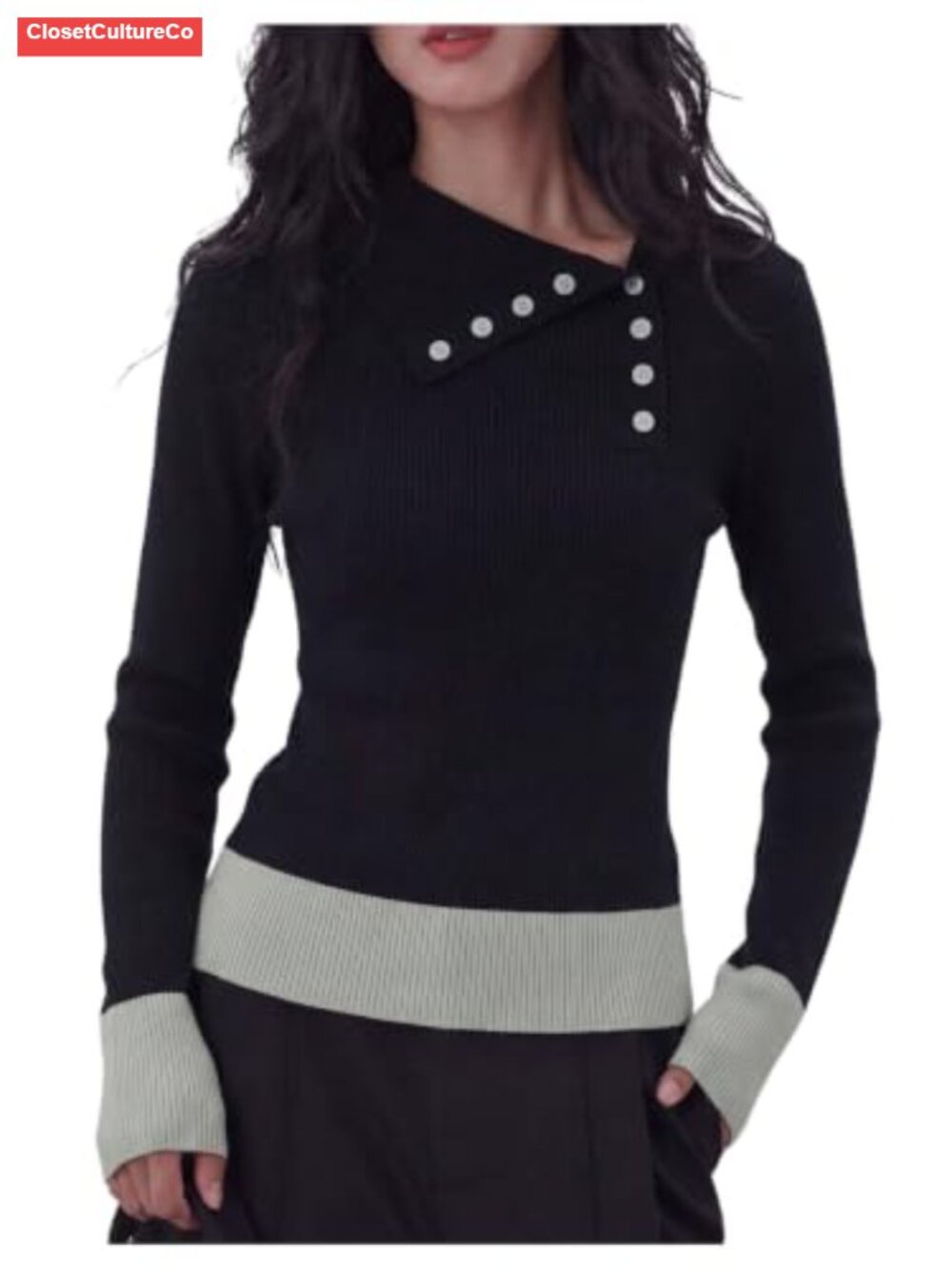 Asymmetrical Neck Button Up Slim Fit Knit Sweater Pullover